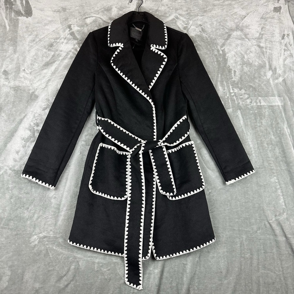 GUESS Eco Victoire Coat Women's XS Black w/ White Embroidered Edges Wool Blend